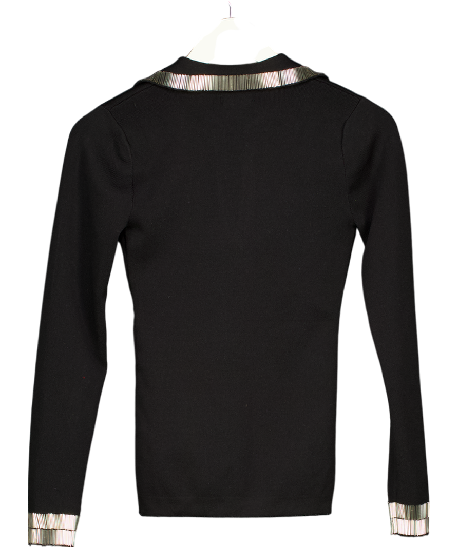 Karen Millen Black Embellished Collar And Cuff Viscose Blend Knit Polo Top UK XS