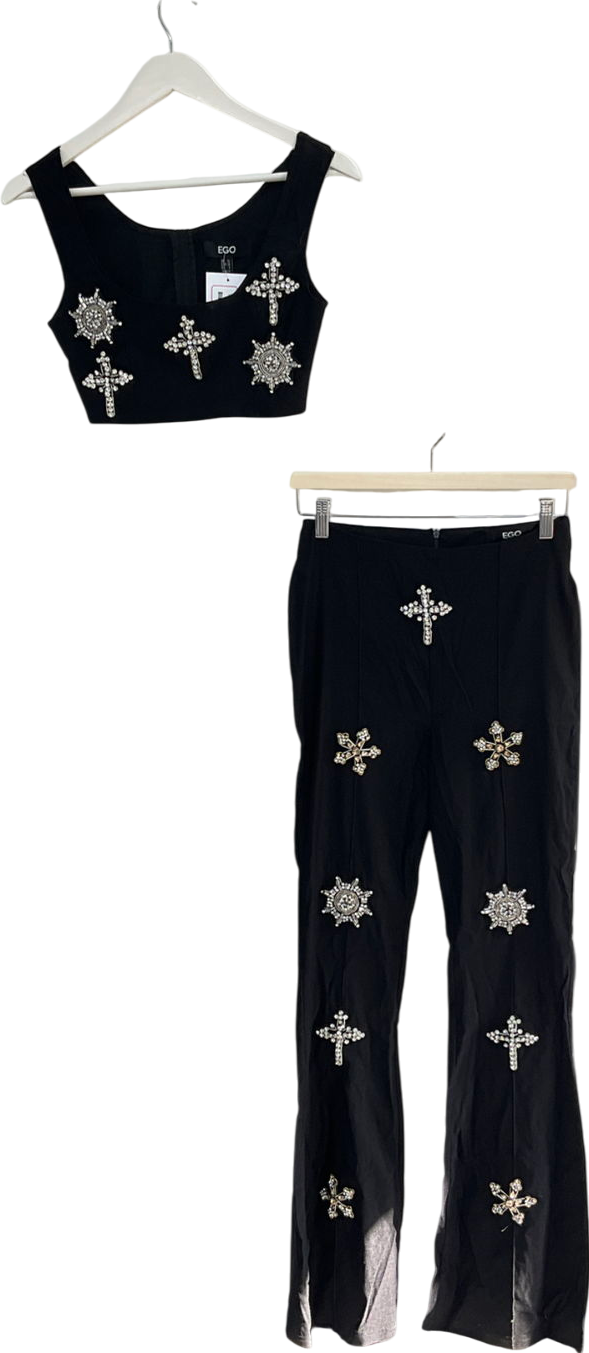 Ego Black Crucifix Detail Top And Trouser Co Ord UK 10