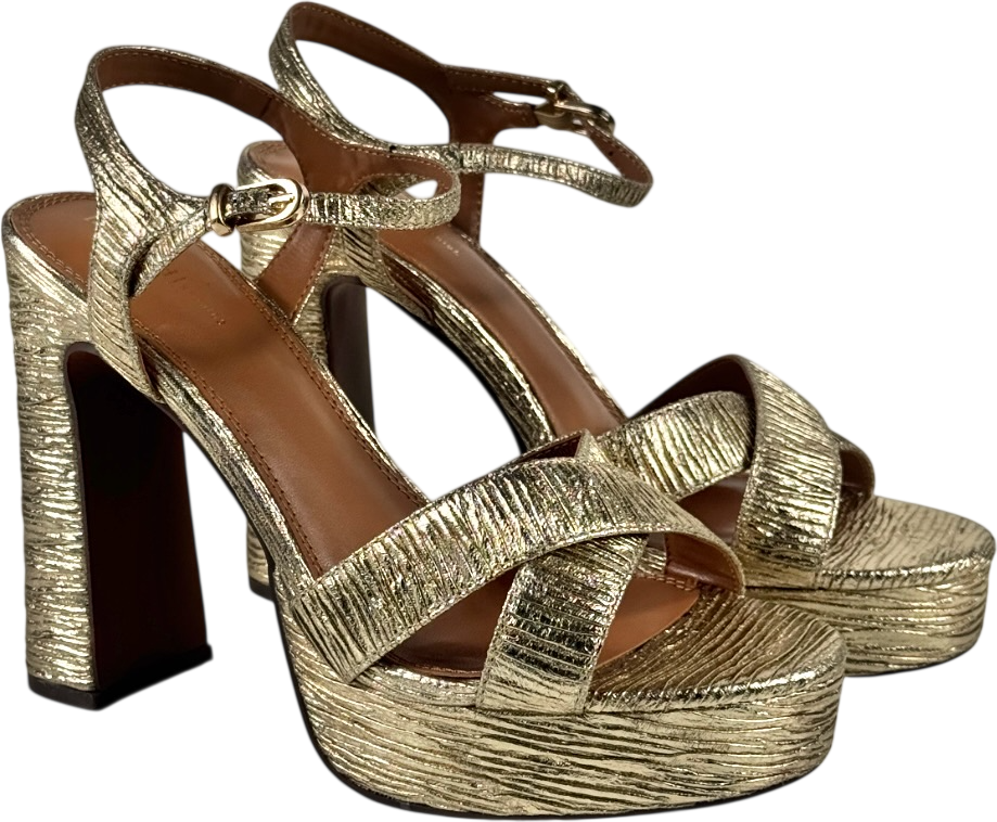 RIVER ISLAND STUDIO Metallic Gold Pleated Fabric Platform Heeled Sandals UK 6 EU 39 👠
