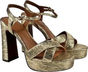 RIVER ISLAND STUDIO Metallic Gold Pleated Fabric Platform Heeled Sandals UK 6 EU 39