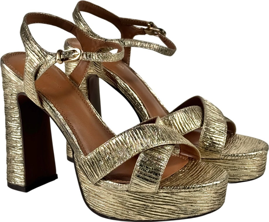RIVER ISLAND STUDIO Metallic Gold Pleated Fabric Platform Heeled Sandals UK 6 EU 39 👠