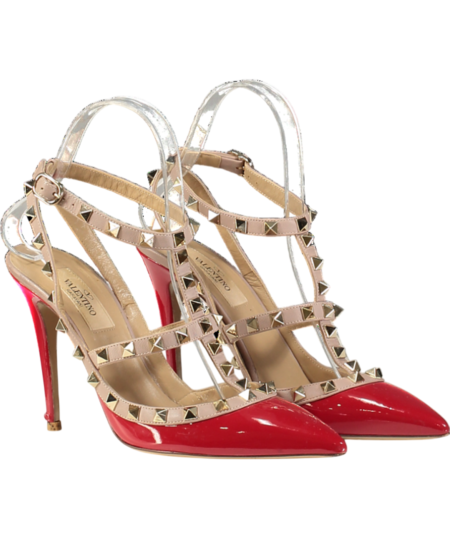 Valentino Garavani Red Patent Leather Rockstud Ankle Strap Pumps UK 4 EU 37 👠