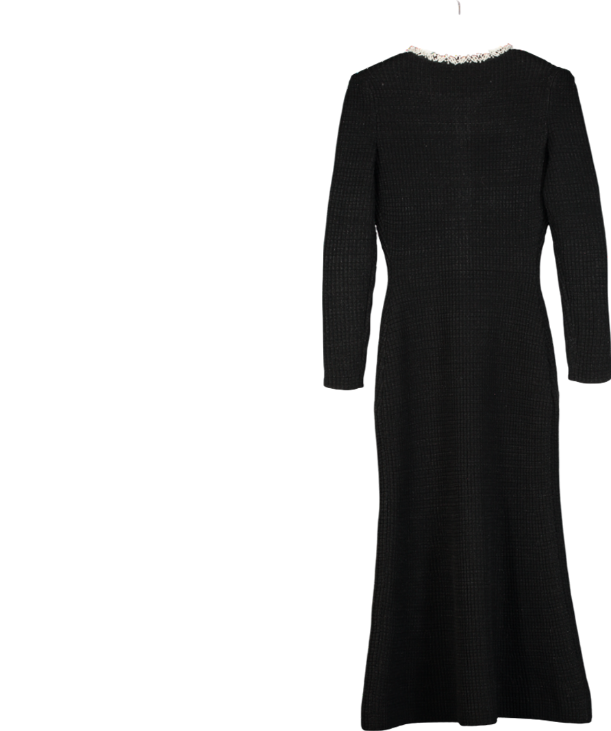 Self Portrait Black Faux Pearl-embellished Crepe-trimmed Metallic Ribbed-knit Midi Dress UK S