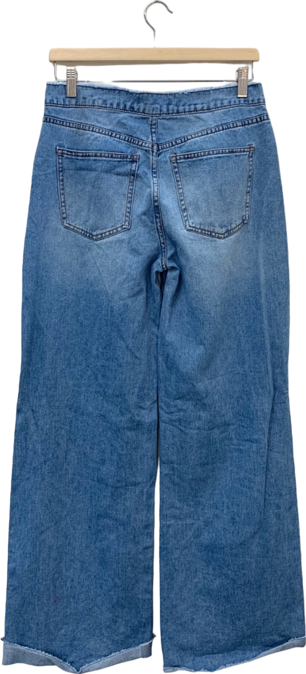 Fashion Nova Blue Distressed Wide Leg Jeans UK W24-25