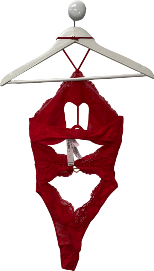 victoria secret Red Twinkle Lace Heart Cut Out Bodysuit UK XS