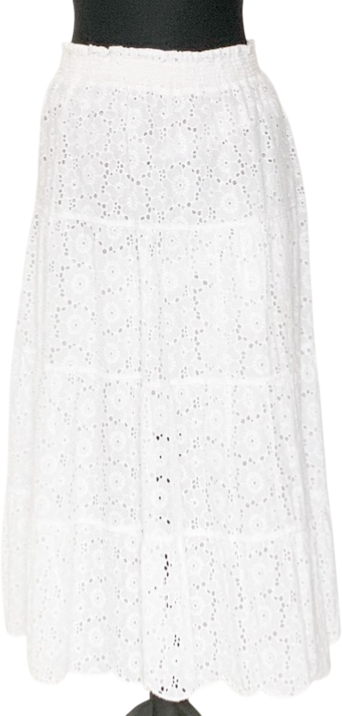 TORY BURCH White Broderie Smocked Midi Skirt UK M