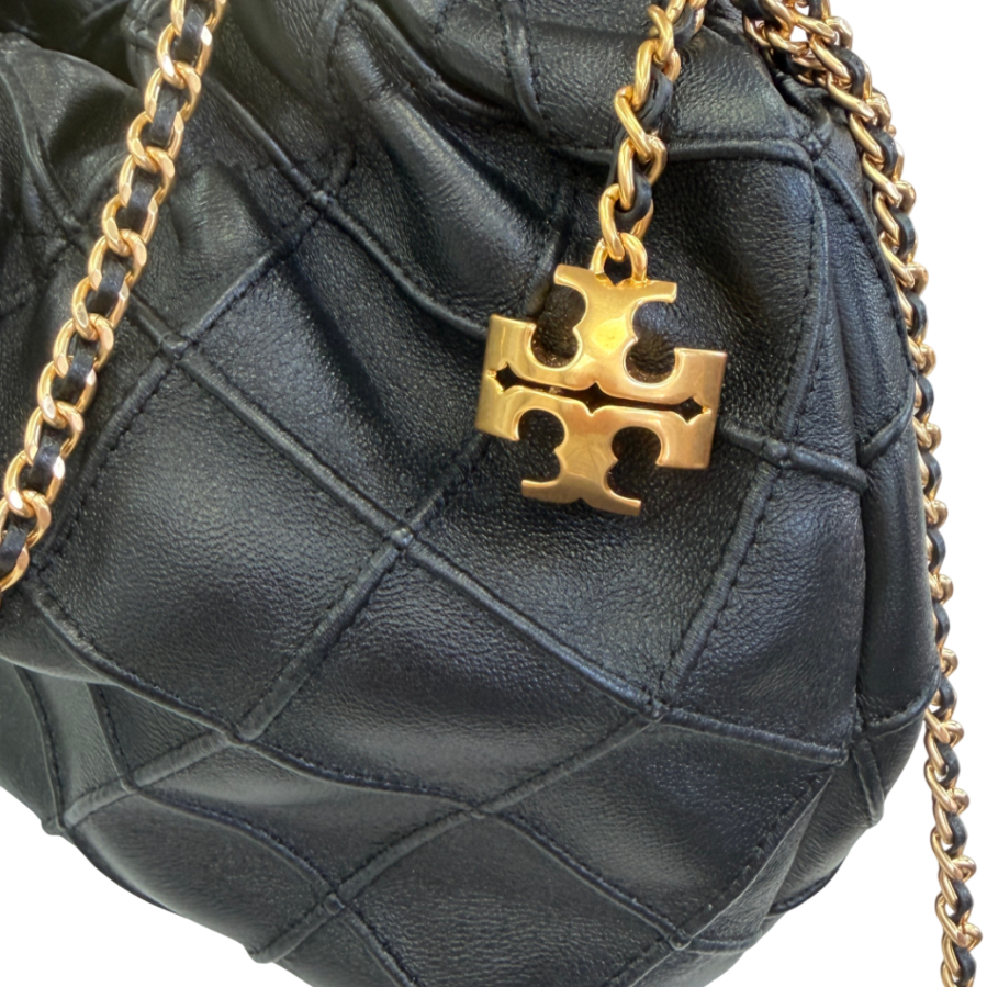 TORY BURCH Black Leather Mini Fleming Soft Hobo Bag with Hanging Logo Charm