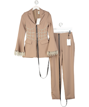 Lavish Alice 2-piece Beige  Pearl Embellished Blazer  and tailored trouser set UK 8
