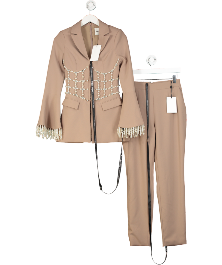 Lavish Alice 2-piece Beige  Pearl Embellished Blazer  and tailored trouser set UK 8