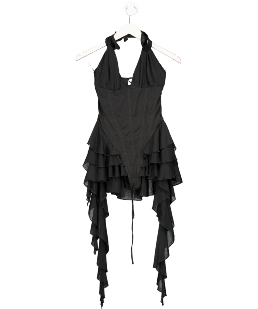 Oh Polly Black Kristena Ruffled Halterneck Bodysuit UK M