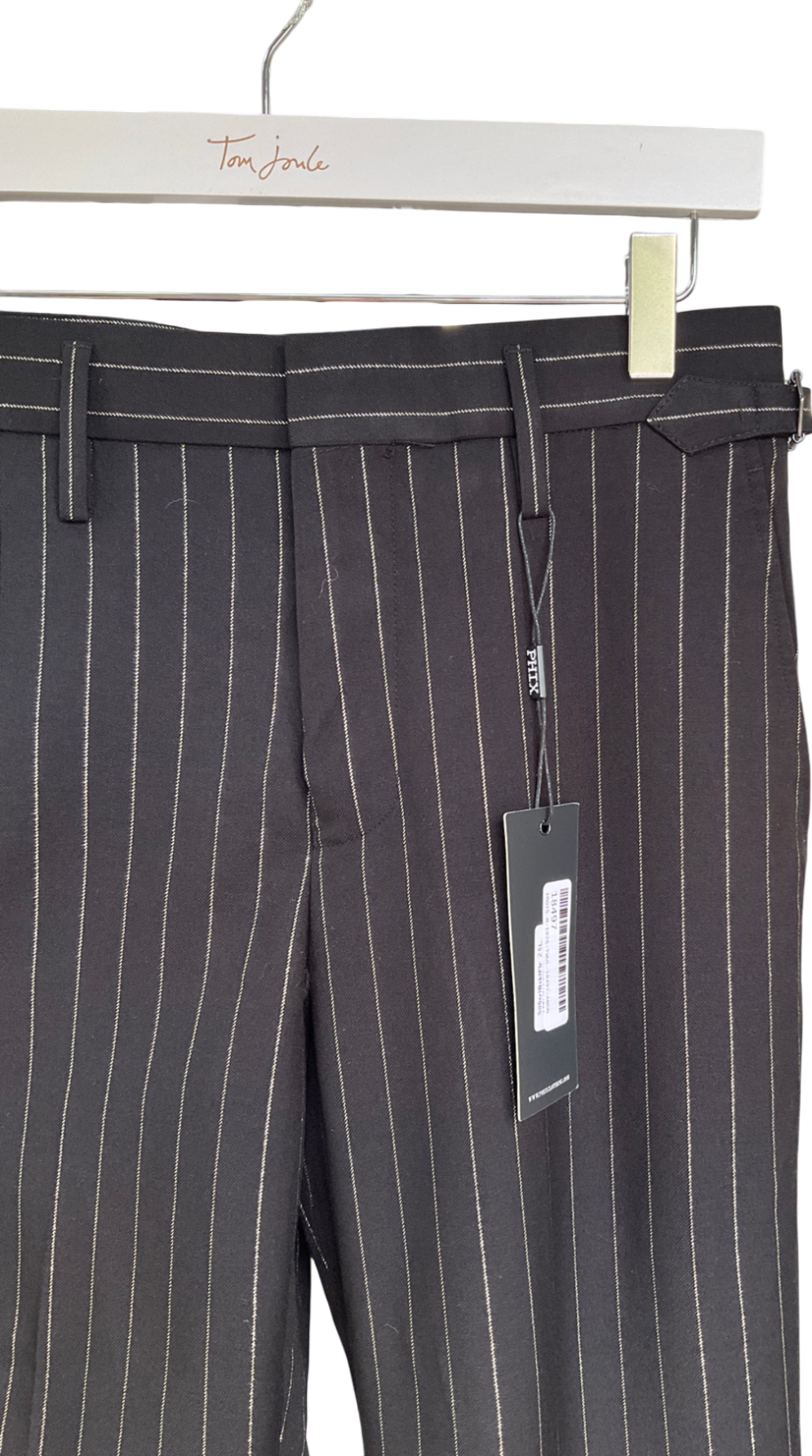Phix Black Silver Wool & Silk Pinstripe Buckle Flares W28
