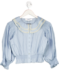 Hunter Bell Blue Dusty Bluw Shirred Detail Blouse With Lace Trim UK XS