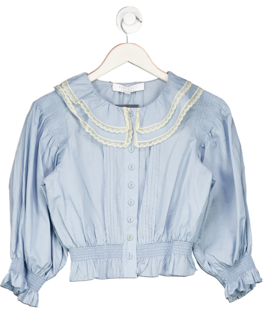 Hunter Bell Blue Dusty Bluw Shirred Detail Blouse With Lace Trim UK XS