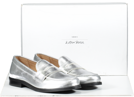 & Other Stories Metallic Silver Leather Penny Loafers BNIB UK 4 EU 37 👠