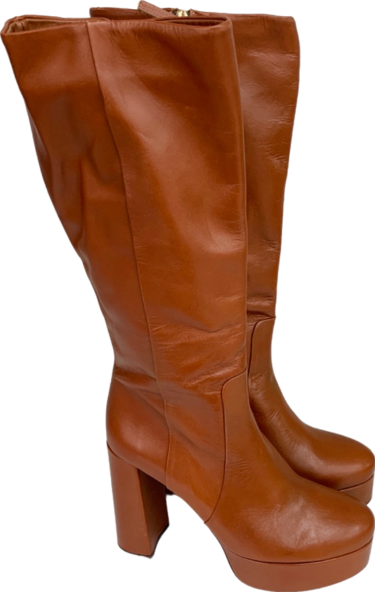 Zara Tan Leather Knee High Platform Boots EU 41