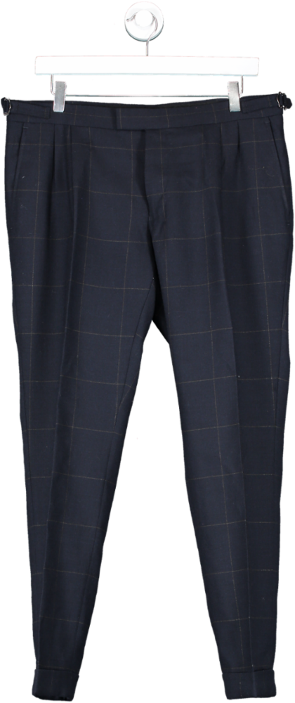 Moss Bros Blue Slim Fit Navy Black Check Trousers W34