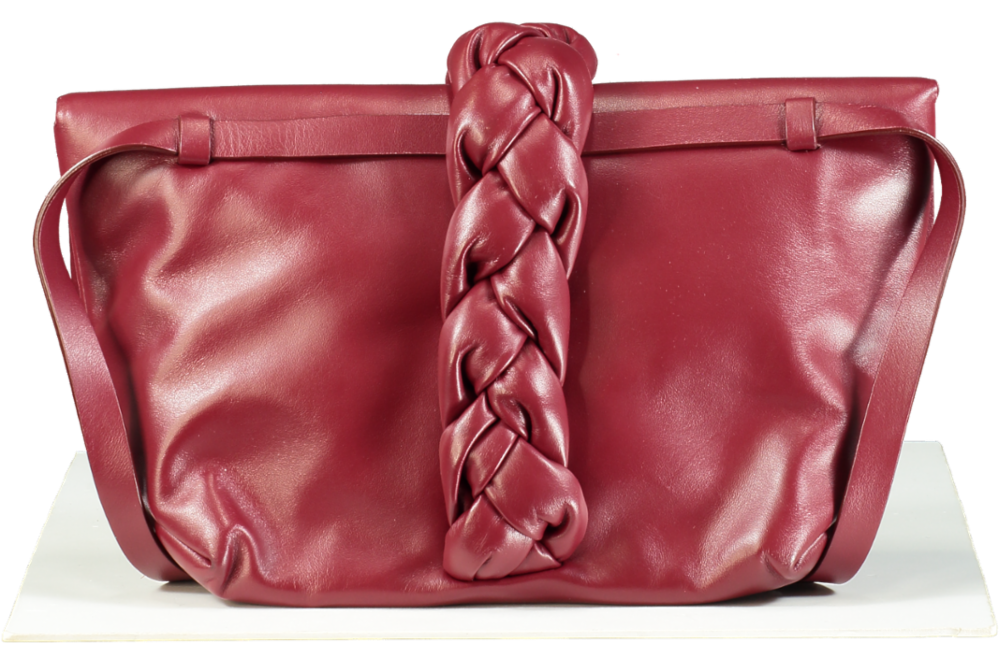 DeMellier Burgundy Leather Verona Braided Calfskin Clutch Bag with shoulder strap In Ruby Smooth