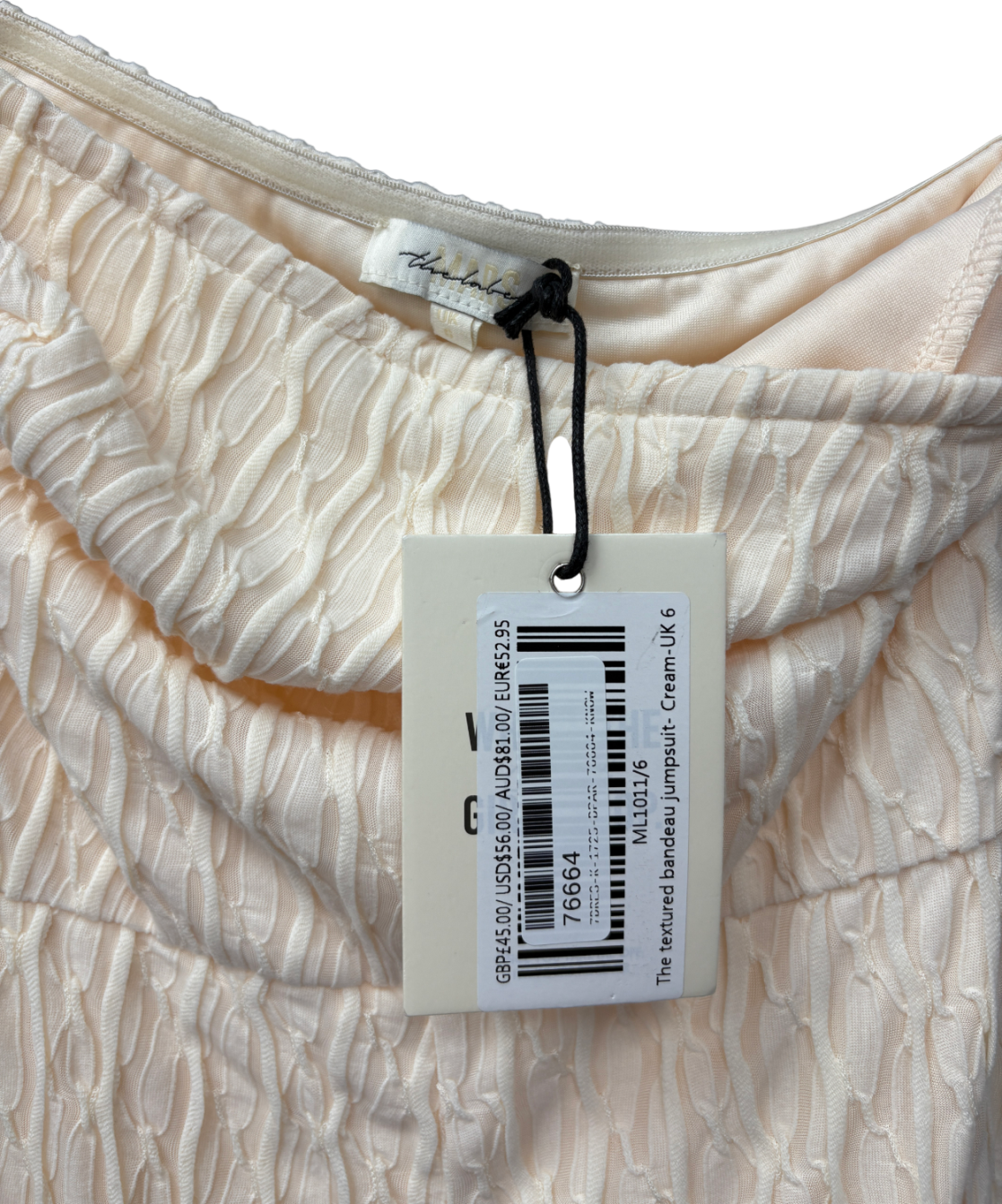 Mars the Label Cream Textured Bandeau Jumpsuit UK 6