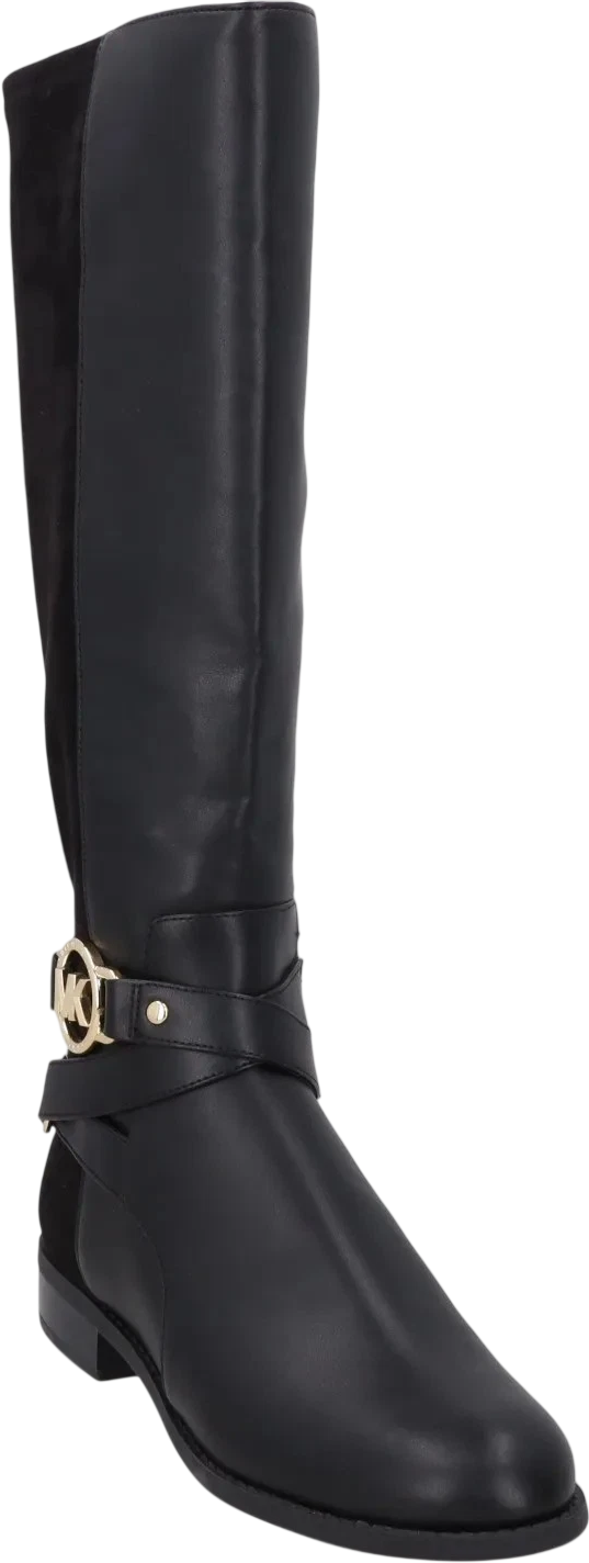 MICHAEL KORS Black / Gold Logo Hardware Knee High Riding Boots UK 4 EU 37