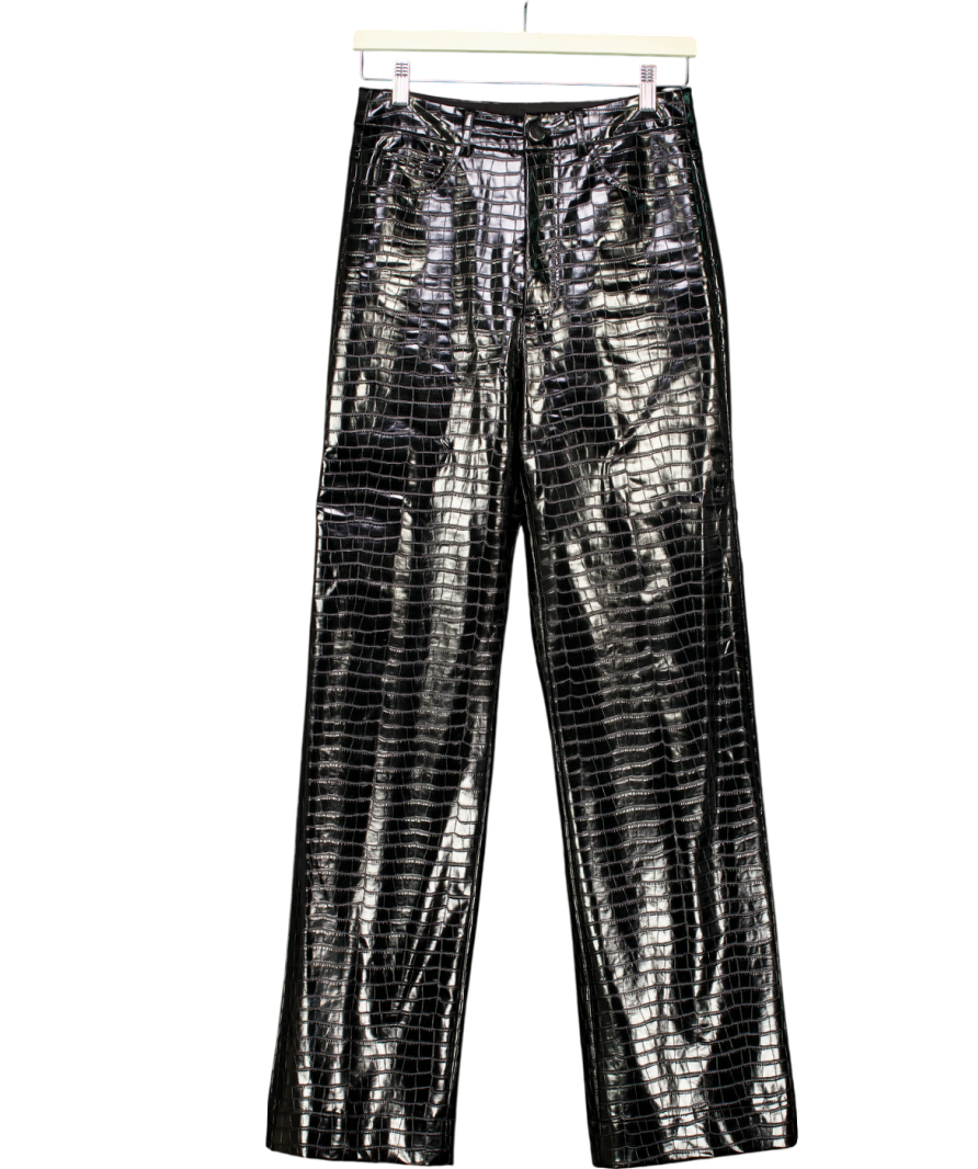 Rotate Birger Christensen Black Faux Croc Skin Straight Leg Trousers UK XS