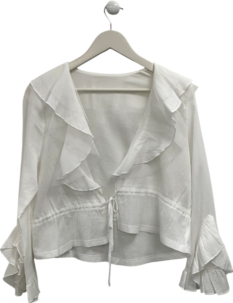 S Deer White Tie Front Ruffle Top UK S