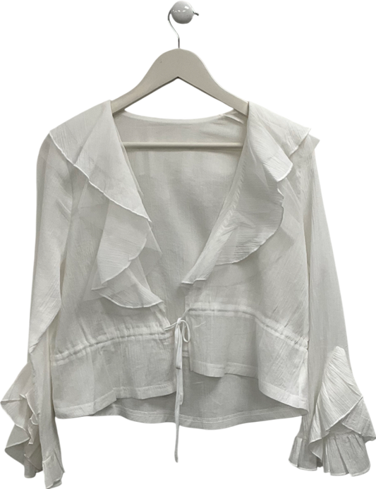 S Deer White Tie Front Ruffle Top UK S