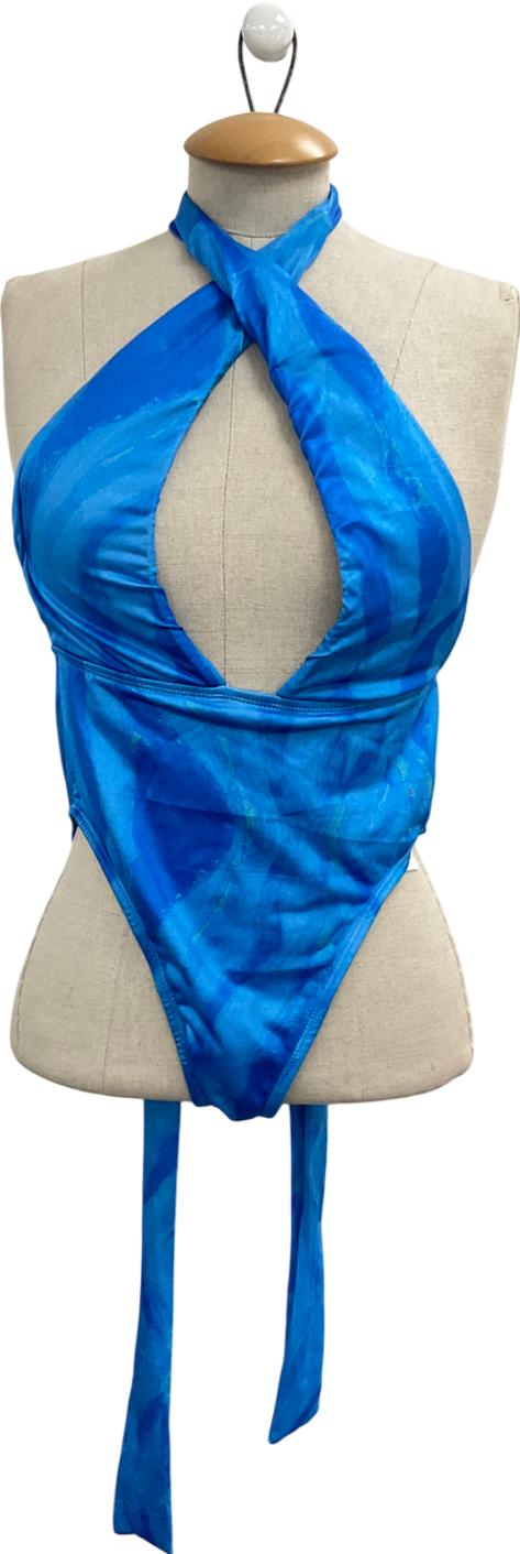 PrettyLittleThing Blue Tiger Print Plunge Wrap Waist Swimsuit UK 8