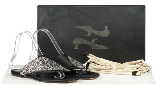 GINA Maya Black Satin Embellished Flat Thong Sandals UK 5 EU 38 👠