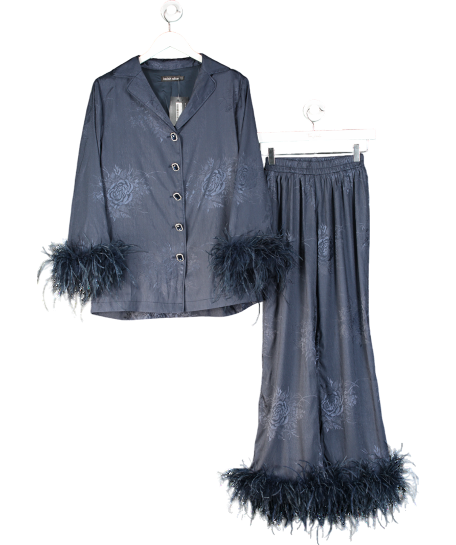 Lavish Alice Blue Helen Feather Trim Satin Jacquard Pyjama UK 8