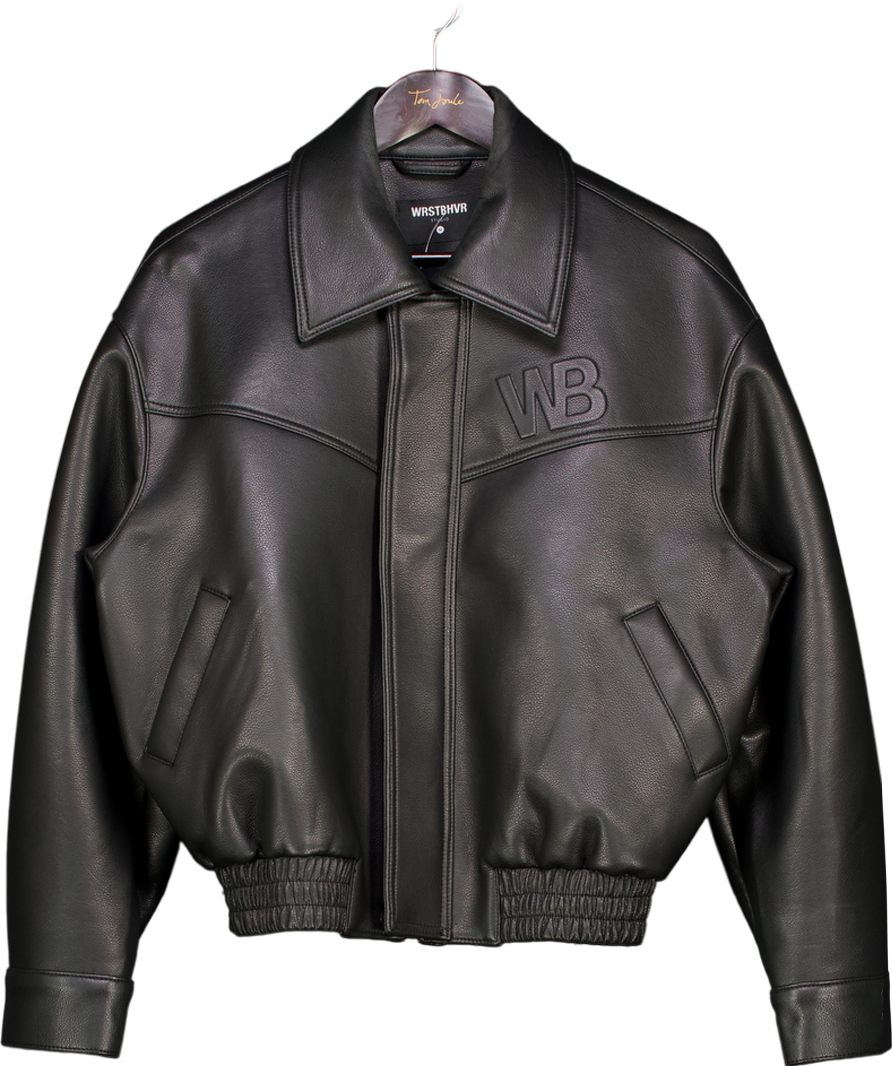 WRSTBHVR Black Leather Look Logo Bomber Jacket UK M