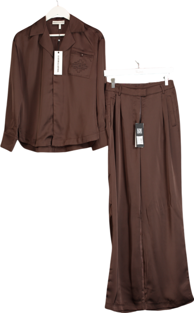 The Couture Club Brown 2-piece Satin Tailored Relaxed Shirt & Wide Leg Trouser Co-ord Set Deep Chocolate UK 4