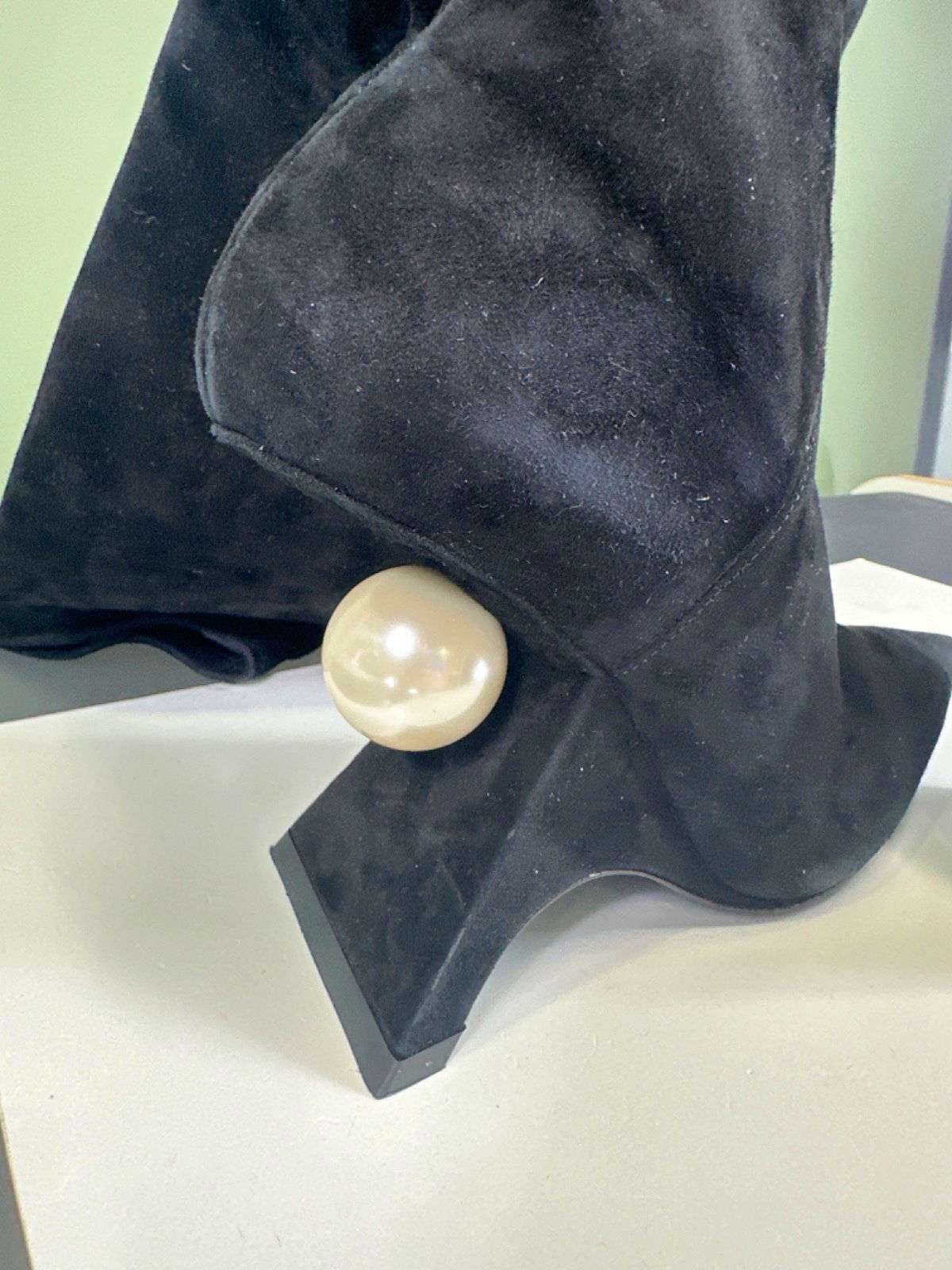 Nicholas Kirkwood Black Suede Over-The-Knee Boots with Pearl Detail Heel UK 6 EU 39