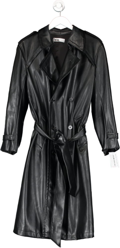 BOA Black Leather Look Belted Trench Coat UK XS