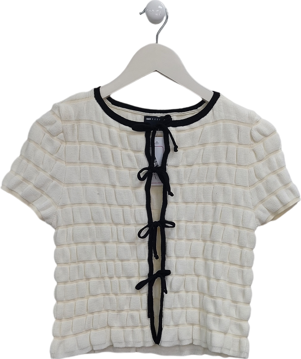 ASOS Cream Shirred Tie Front Cardigan With Bow Detail In Mono UK S