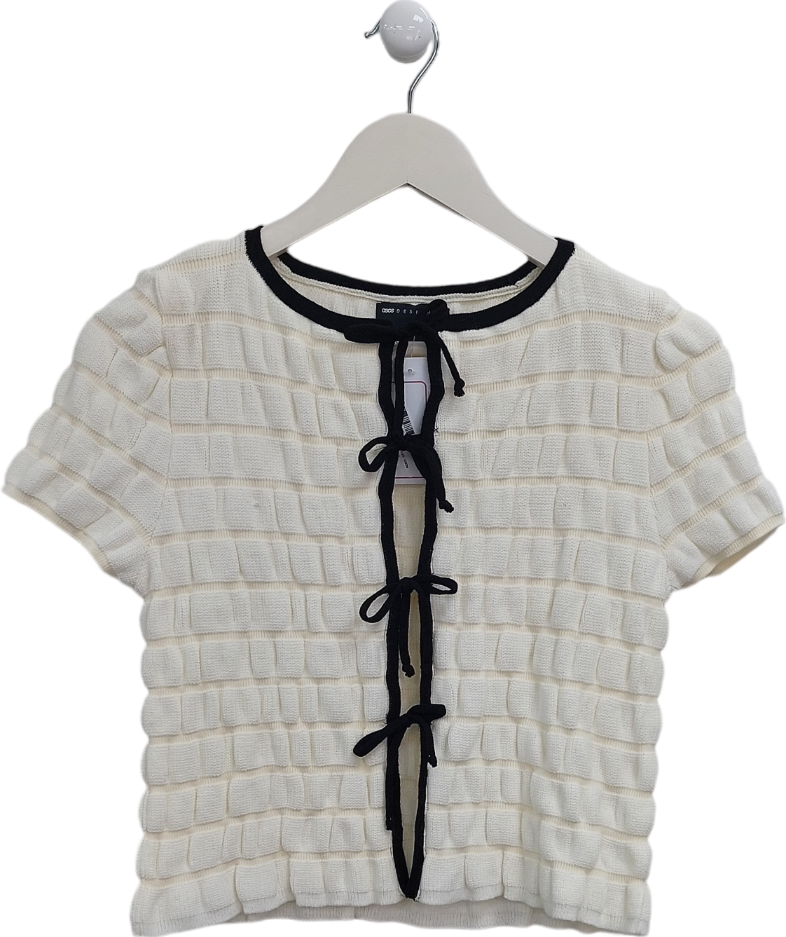 ASOS Cream Shirred Tie Front Cardigan With Bow Detail In Mono UK S