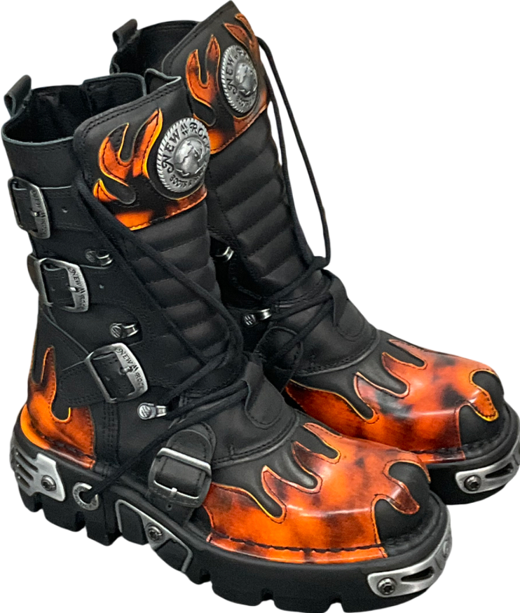 New Rock Black Flame Accented Leather Biker Boots UK 5 EU 38 👠