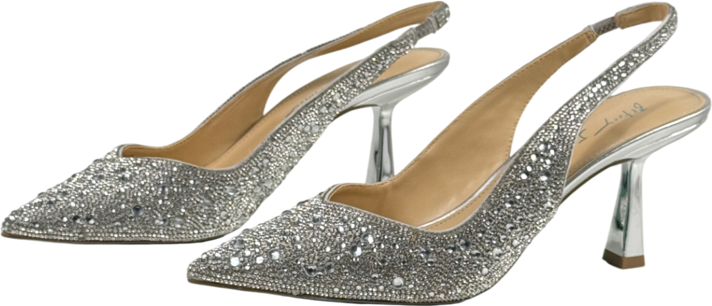 BETSEY JOHNSON Metallic Silver Crystal Embellished Sling Back Clark Shoes Us8.5 UK 6 EU 39 👠