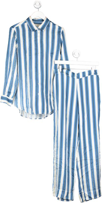 Asceno White / Blue 2 Piece London Striped 100% Silk Pyjama Set UK S