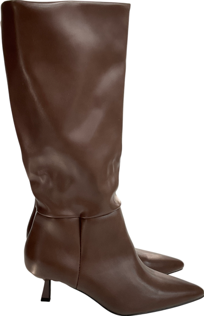 boohoo Brown Wide Fit Low Stiletto Knee High Boots UK 6 EU 39 👠