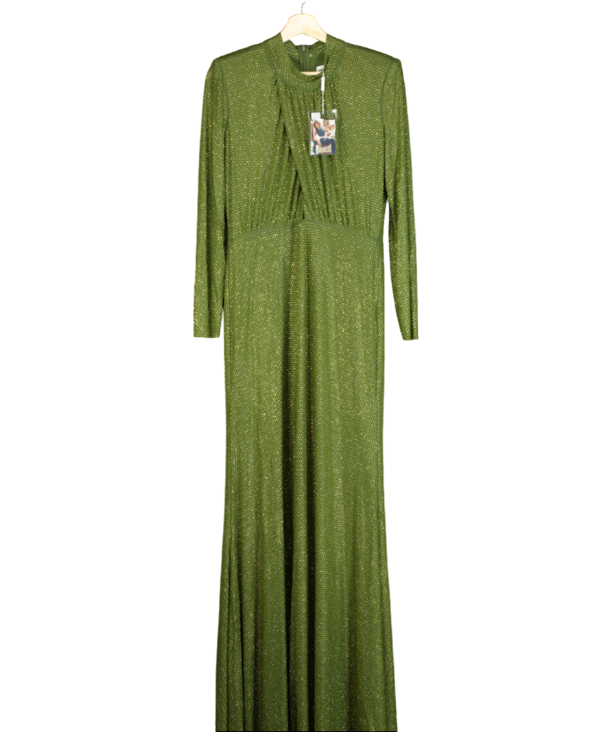 Self-Portrait Olive Green Rhinestone Maxi Dress UK 14