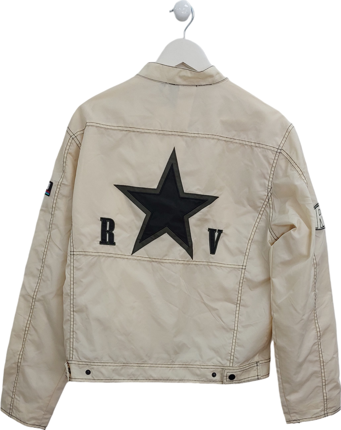 Reclaimed Vintage Beige Unisex Fitted Motor Jacket With Logo Badges UK S