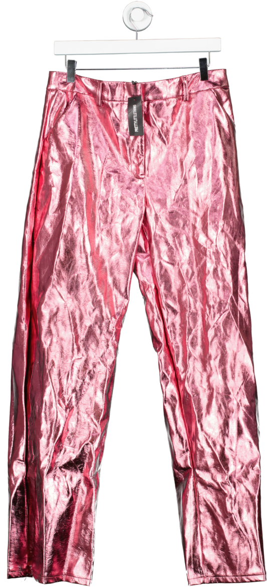 PrettyLittleThing Pink Metallic Faux Leather Straight Leg Tailored Trousers UK 10