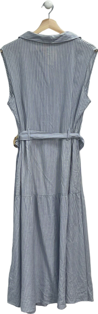 Mango Blue and White Striped Belted Sleeveless Linen Dres UK XL