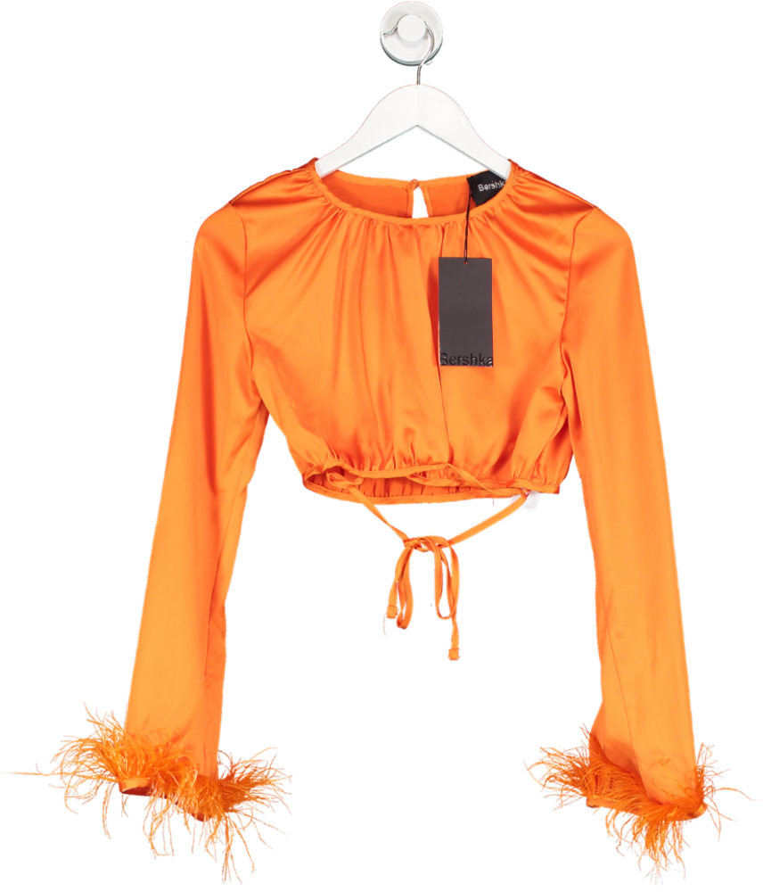 Bershka Orange Cropped Satin Blouse With Feather Trim UK S