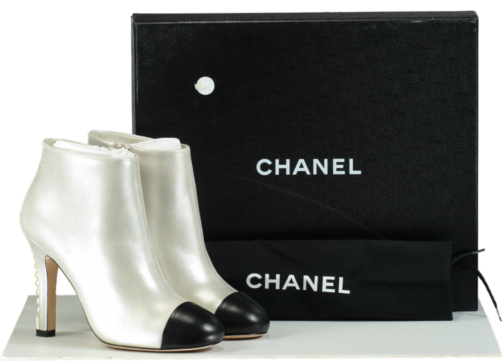 Chanel Silver & Black Cap Toe Ankle Boots UK 4.5