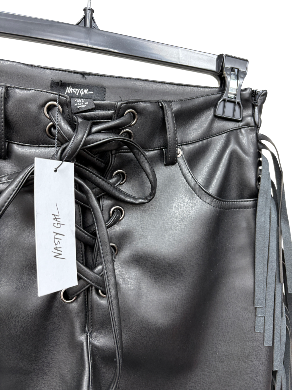 Nasty Gal Black Fringe Faux Leather Trousers UK 6