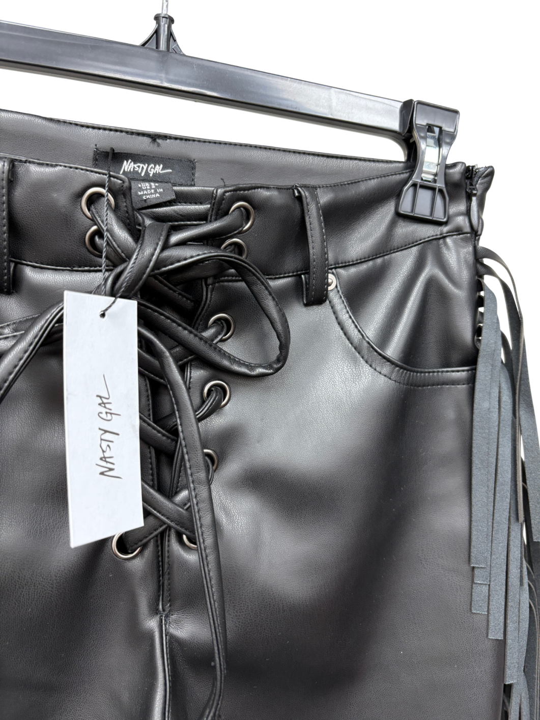 Nasty Gal Black Fringe Faux Leather Trousers UK 6