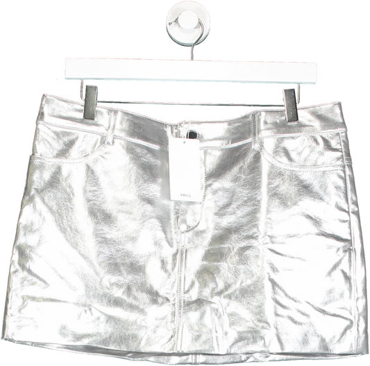 MANGO Metallic Silver Leather-effect Mini-skirt BNWT UK L