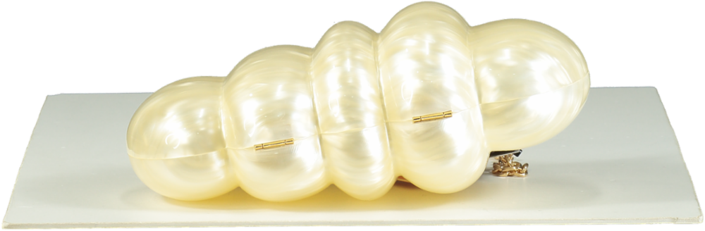 Cult Gaia Ivory Pearlescent Puffer Clutch Bag with chain strap