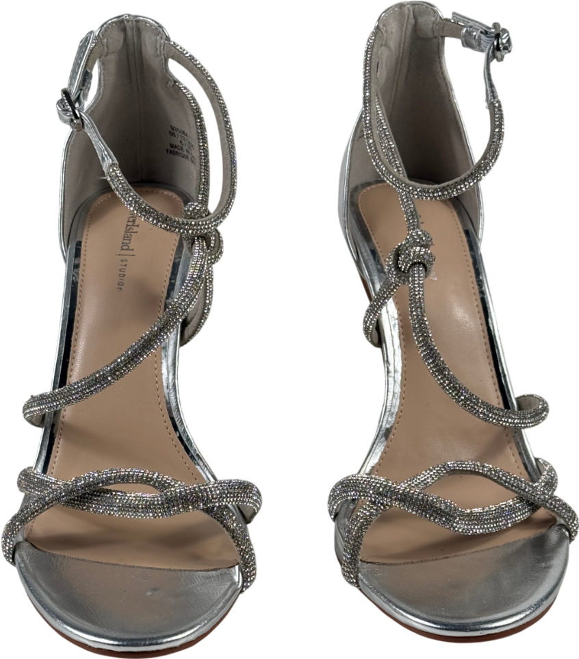 RIVER ISLAND STUDIO Metallic Silver Closed Back Diamante Strap Heels UK 6 EU 39 👠